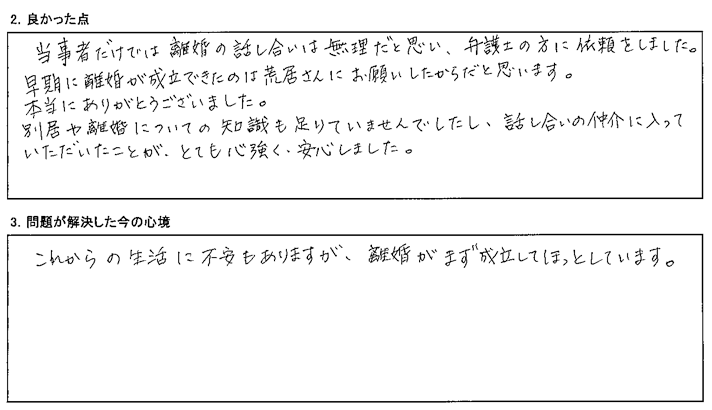 当事者だけでは話し合いは無理だと思い、依頼をしました