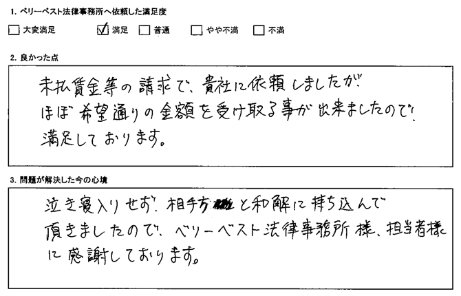 泣き寝入りせず、相手方と和解に持ち込んでいただきました